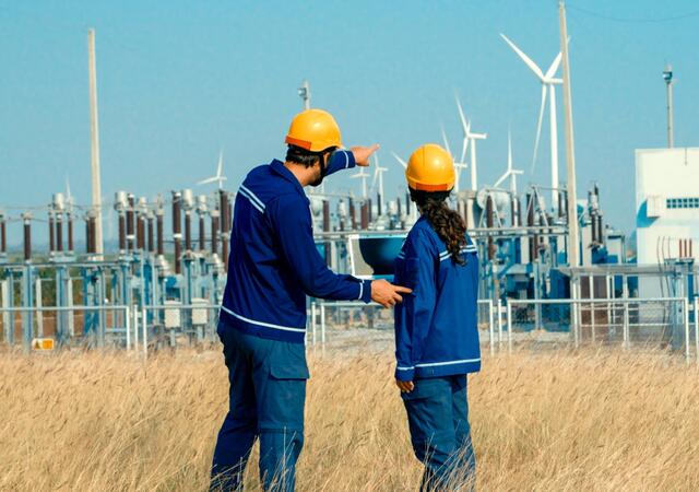 Two people working near an electrical grid