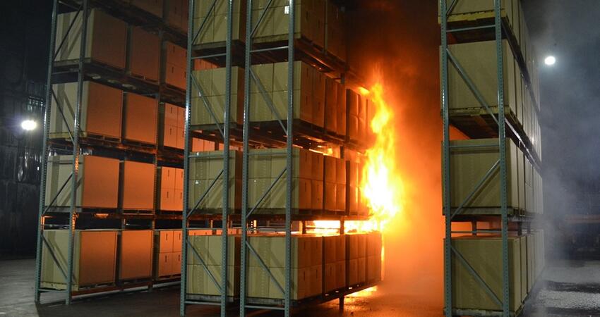 Mock warehouse fire during safety testing