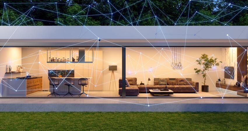 Modern home exterior with smart home control, mobile app and devices