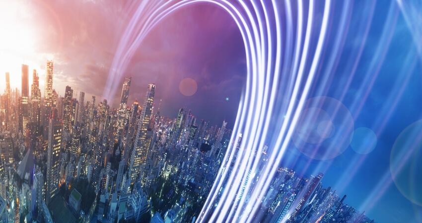 Planet shape panorama cityscape with light trail at dusk