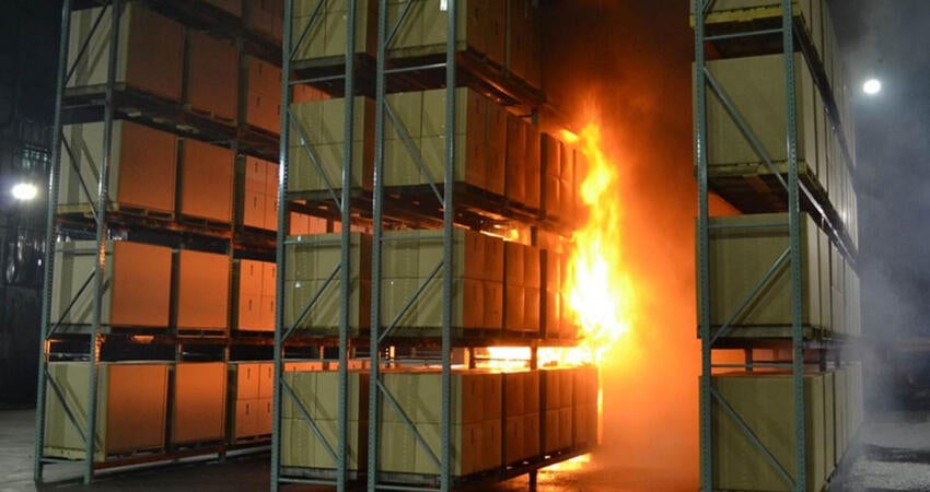 Mock warehouse fire during safety testing.