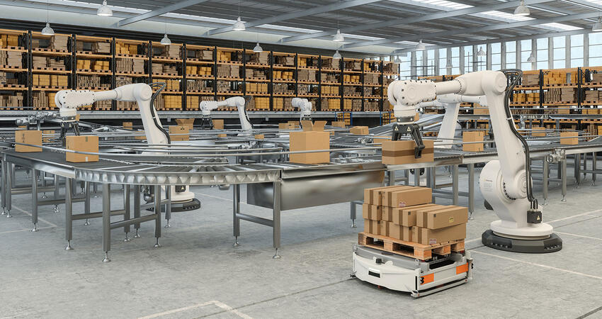 Several robots working with packages