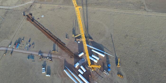 Aerial view of the construction of the Goldwind wind turbine in West Texas