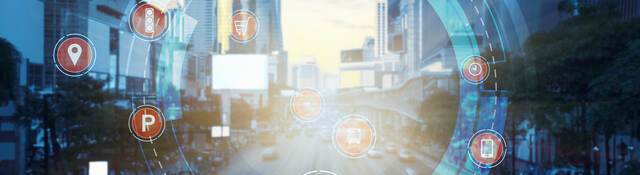 City street scene with technology icons in circular formation