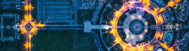 Overhead view of city streets at night