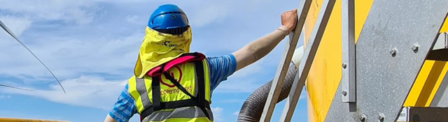 Engineer looking at wind turbines in the distance