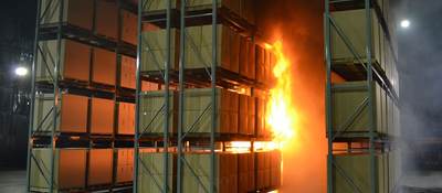 Mock warehouse fire during safety testing