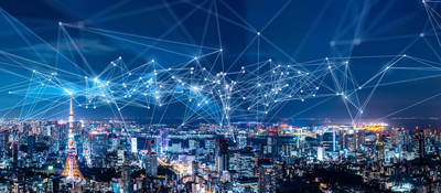 Smart city landscape at night with communication network