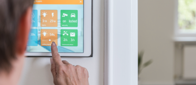 Woman using smart home control screen