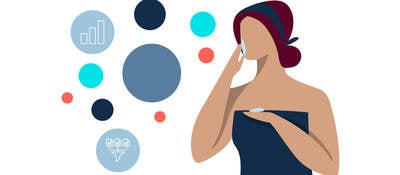Personal care and cosmetics banner with iconography of a woman applying a skin care product to her face