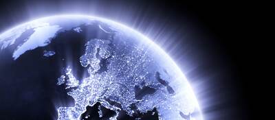Glowing globe focused on Europe.