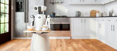 Serving robot holding tray in a kitchen.