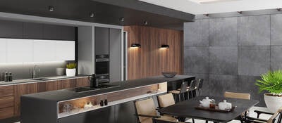 Luxurious matte black minimalist kitchen.