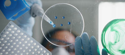A scientist using a pipette to drop blue liquid in a petri dish