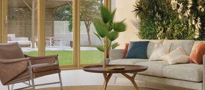 Hybrid office/residential room conveying sense of clean, healthy, and environmentally friendly environment.