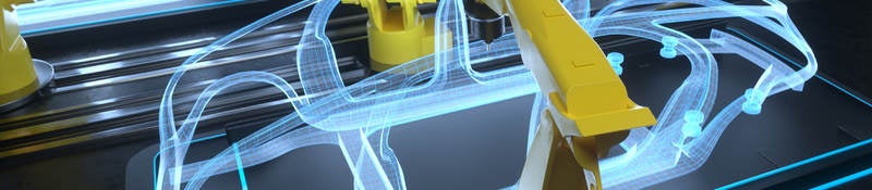 Digital generated image of yellow colored robotic arms working on car production line.