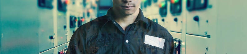 Double exposure of Engineer or Technician man working with tablet in switch gear electrical room of oil and gas platform or plant industrial for monitor process, business and industry concept.