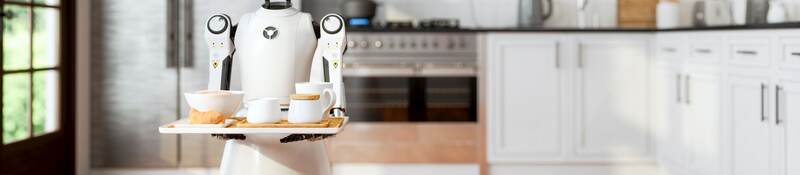 Serving robot holding tray in a kitchen.