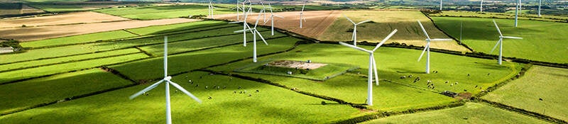 Overhead view of a wind farm