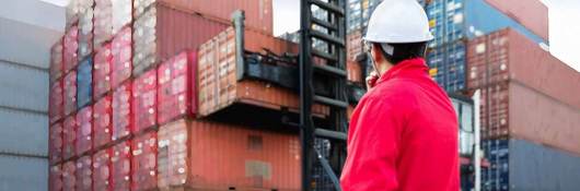 Dock workers supervising cargo container movement,