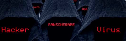 Mass of hooded computer criminals with various internet attacks and criminal activities in red text with a binary code background