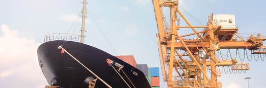 Container ship being loaded in harbor