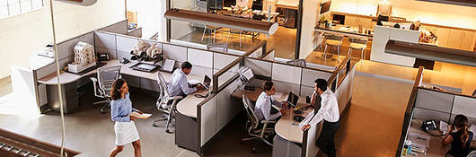 Photo of an office with cubicles and employees