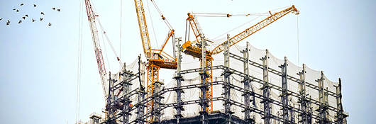 Photo of a tall building under construction with birds flying overhead