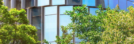 glass building  with trees in front of it