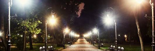 Park pathway lit up at night