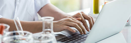 Person working on laptop at lab bench