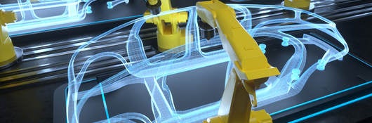 Digital generated image of yellow colored robotic arms working on car production line.