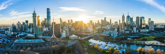 Sunny Melbourne Skyline and Yarra River at sunset