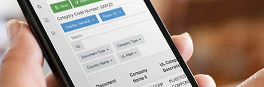 Phone screen showing UL Product iQ certification database