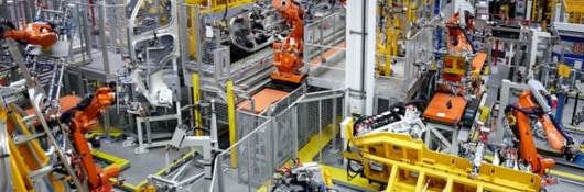 Industrial robots on factory floor