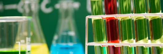 Beaker, flasks and test tubes in a stand with green and red liquid