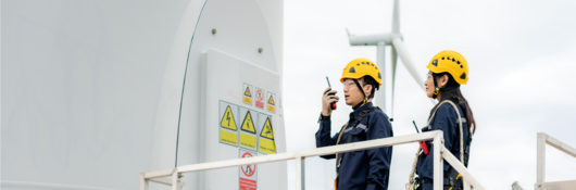 Employees performing a wind turbine inspection