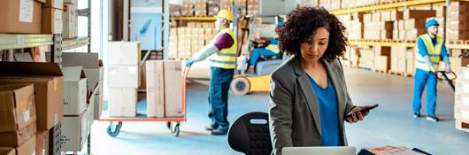 Person working on a laptop in a warehouse