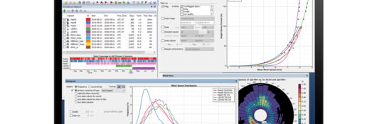 Depiction of Windographer software showing multiple screens