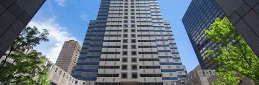 Viewing a tall office building surrounded by blue sky