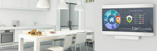 Crisp clean white kitchen with Smart security screen featured