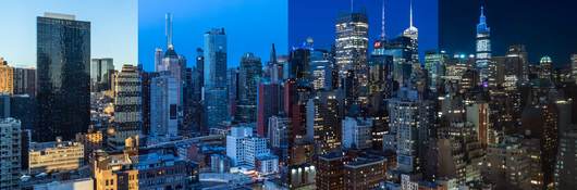 Image of the same city skyline with a progression from day to night to represent circadian rhythm.