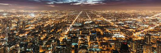Aerial view of a cityscape at night