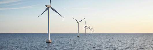 A row of wind turbines stretching across a body of water