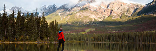 A person standing in a stream looking at a mountain