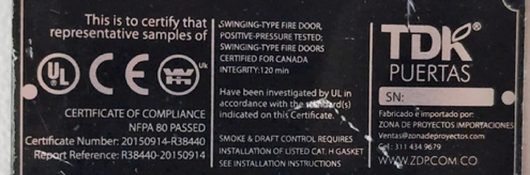Unauthorized UL certification label on fire door