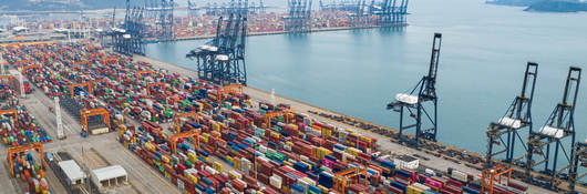 Rows of cargo carriers at a maritime shipping terminal