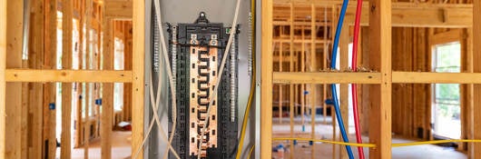 Electrical circuit breaker panel in new home under construction