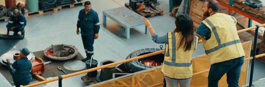 Managers at a manufacturing warehouse factory watching workers inside a capability building workshop.