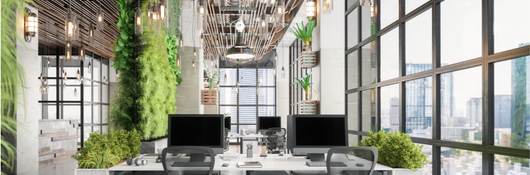 Interior of modern open office with lots of windows, green plants, lighting and visible HVAC/air system